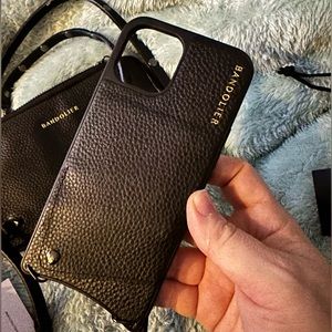 Bandolier: Sarah Pebble Leather Crossbody in Black/Pewter for iPhone 12 Pro Max